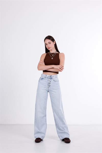 Önden Düğmeli Yüksek Bel Baggy Jean
