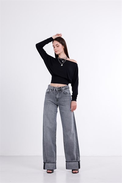 Paça Katlı Wide Leg Jean