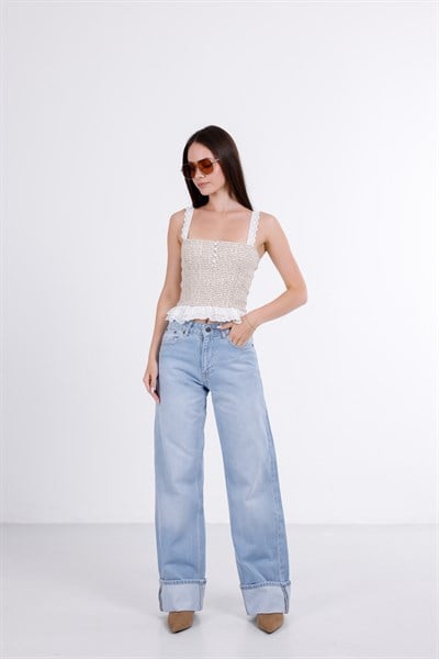 Paça Katlı Wide Leg Jean