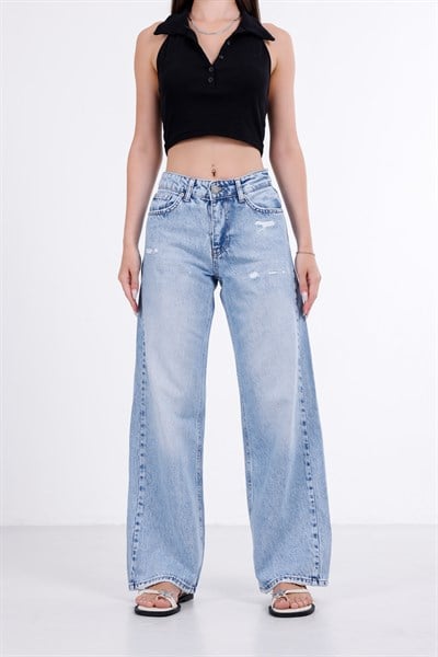 Yırtık Detaylı Wide Leg Jean