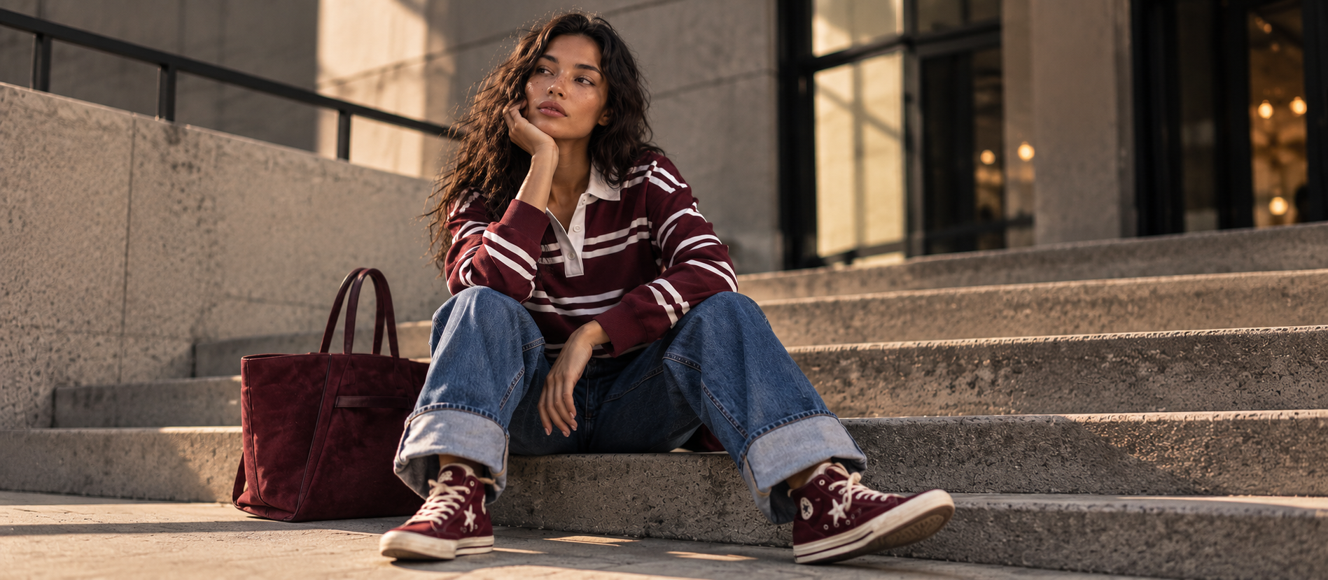 Kalın çizgili uzun kollu polo yaka t-shirt,yaka açık,baggy jean ile,i8 Denim