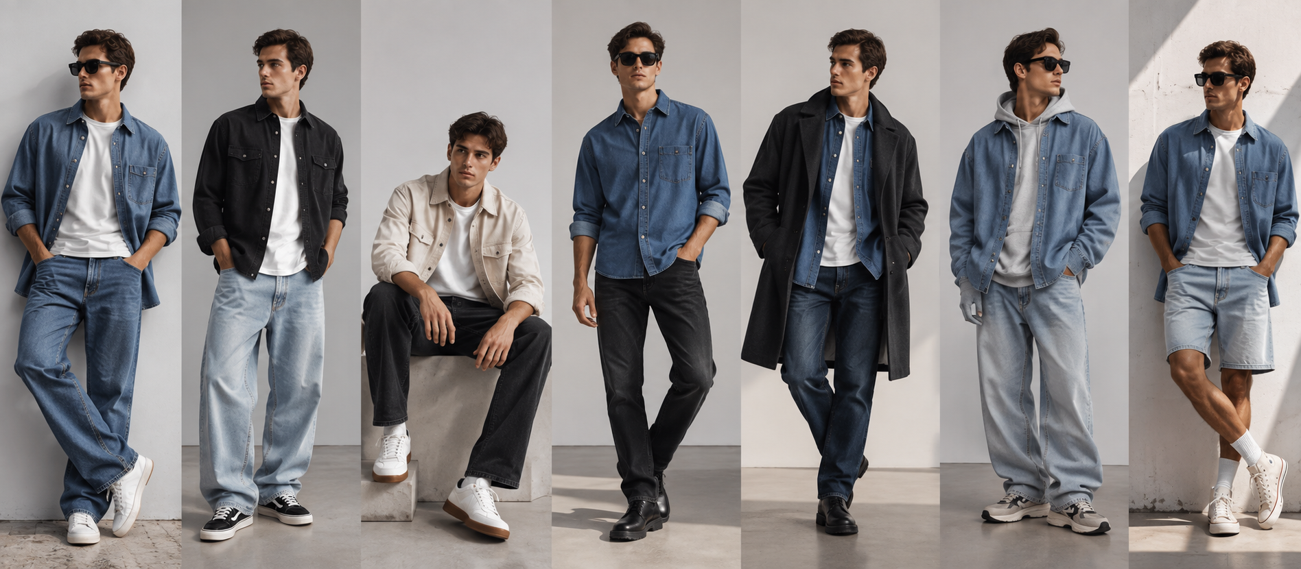 Açık bırakılmış denim overshirt,beyaz tişört ve jean ile erkek kombini,i8 Denim