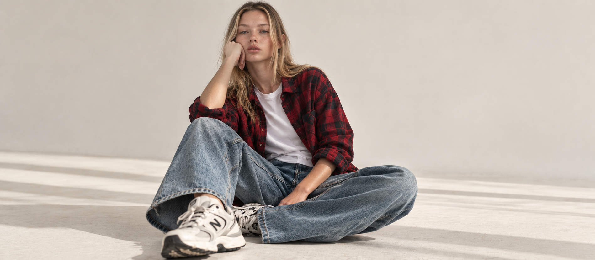 Kırmızı siyah oversize ekose gömlek,önü açık,beyaz tişört ve baggy jean ile,i8 Denim