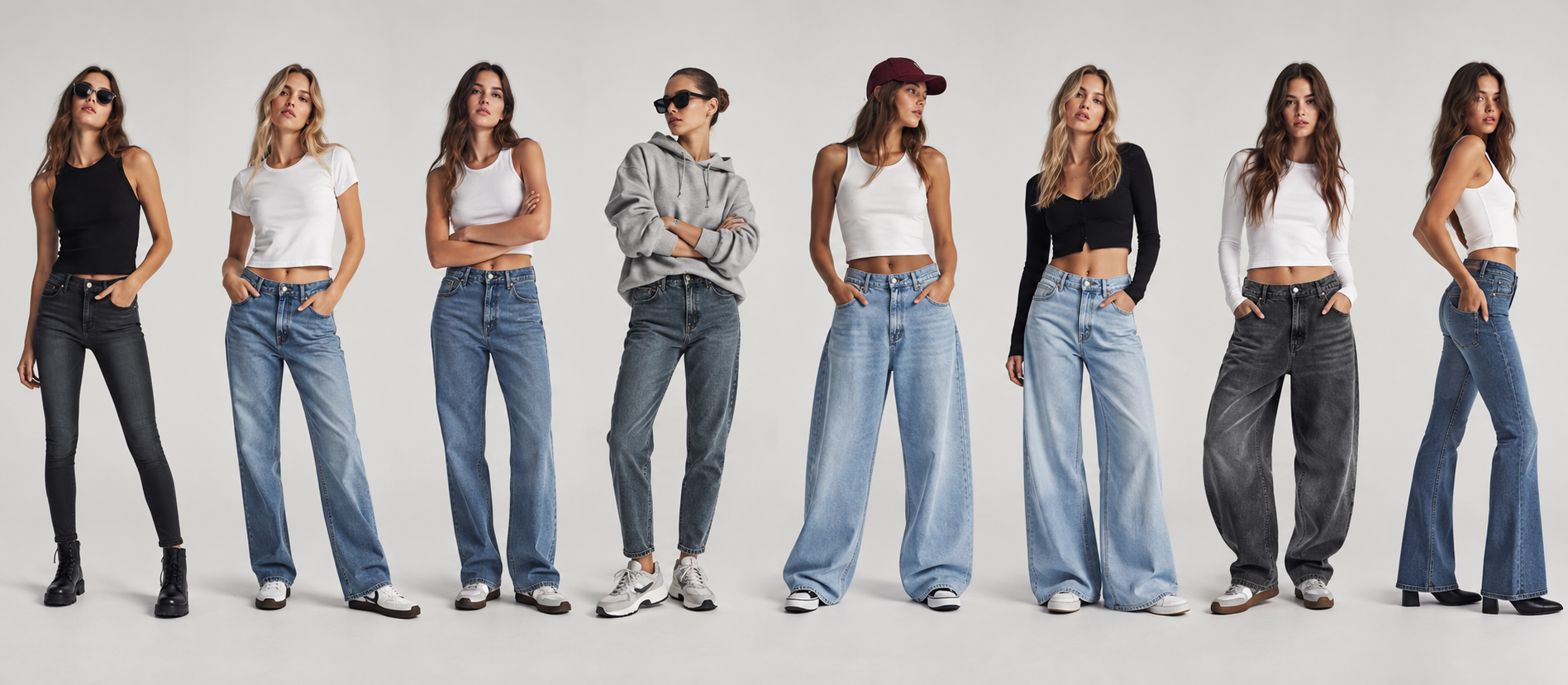 Farklı jean kalıplarını yan yana gösteren i8 Denim koleksiyon karesi