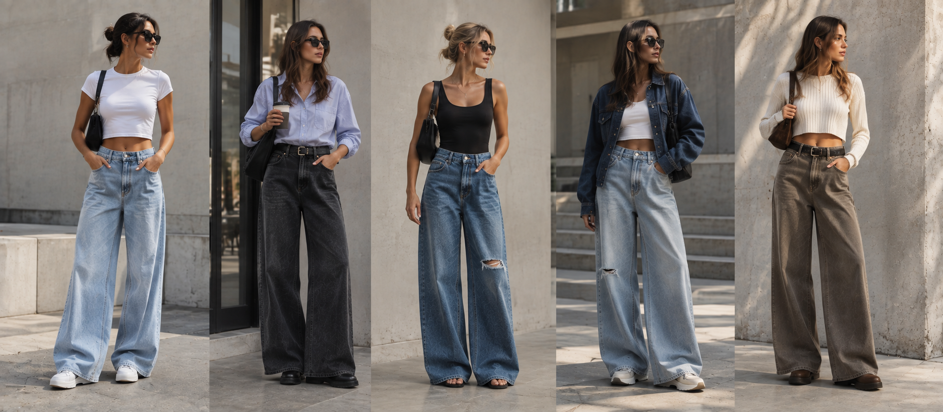 Yüksek bel wide leg jean ve crop tişört ile kadın kombini,i8 Denim
