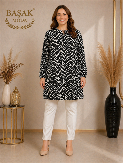 Dokuma Tunik - Beyaz | Siyah Zikzak Desenli