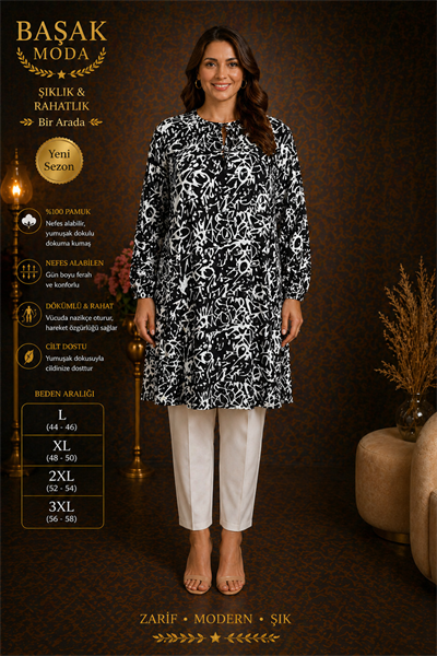 Dokuma Tunik - Siyah | Beyaz Desenli
