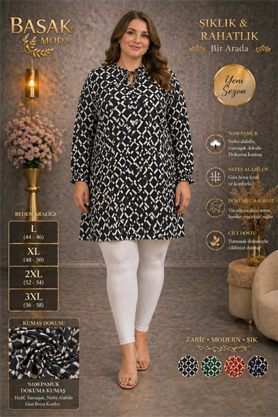 Dokuma Tunik - Siyah | Beyaz Kare Desenli