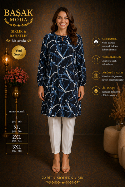 Dokuma Tunik - Siyah | Mavi | Beyaz Desenli