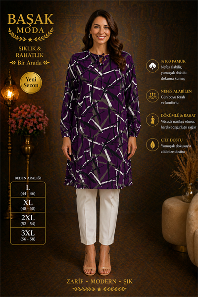 Dokuma Tunik - Siyah | Mor | Beyaz Desenli