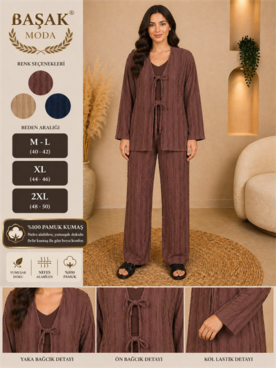 Fırfır Kumaş Kimono İkili Takım - Kahverengi