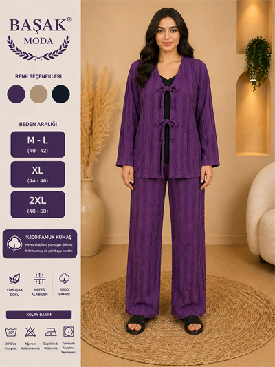 Fırfır Kumaş Kimono İkili Takım - Mor