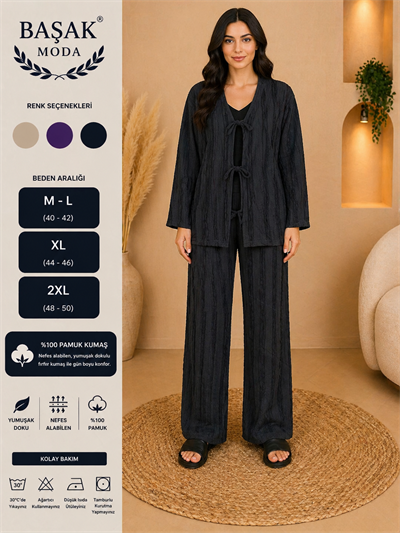 Fırfır Kumaş Kimono İkili Takım - Siyah