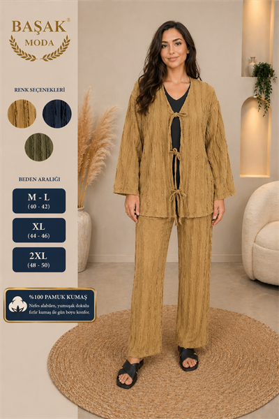 Fırfır Kumaş Kimono İkili Takım - Yağ Yeşili