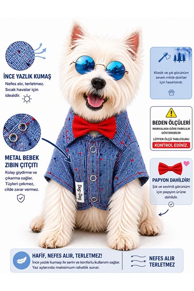 Küçük Irk Papyonlu Yazlık Mavi Ekose Köpek Gömleği Kedi Gömleği Köpek Kıyafeti (1-10KG)