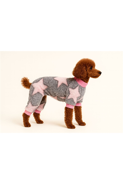 Küçük Irk Pembe Yıldız Detaylı Peluş Köpek Tulumu Köpek Kıyafeti Kedi Kıyafeti (1-10KG)