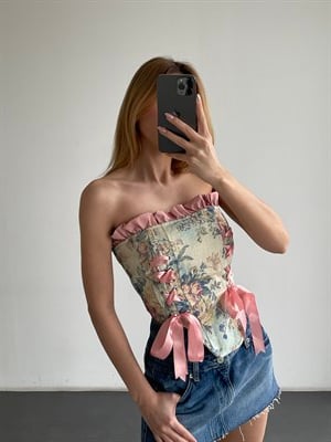  Vintage Çiçek Desenli Bağcıklı Straplez Büstiyer