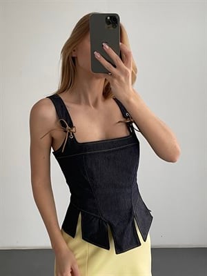 Bağcık Detaylı Kare Yaka Denim Büstiyer