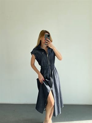 Denim Fermuarlı Gömlek Yaka Belden Büzgülü Elbise