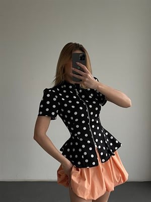 Fermuar Detaylı Puantiyeli Peplum Bluz