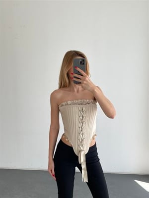 Kadın Bej Fırfır Detaylı Straplez Bağcıklı Korse
