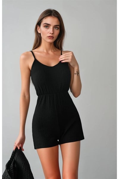 Kadın Beli Lastikli Askılı Şort Tulum