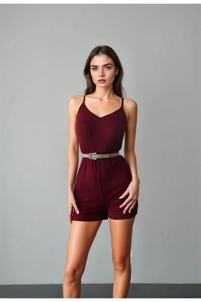 Kadın Beli Lastikli Askılı Şort Tulum
