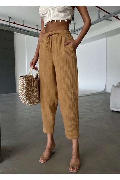 Kadın Beli Lastikli Müslin Şalvar Pantolon