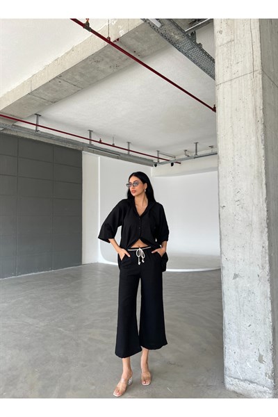 Kadın Hasır Kemer Detaylı Pantolon&Gömlek Takım