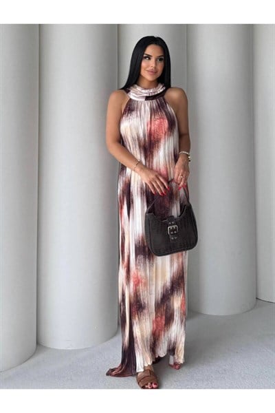 Kadın Kahverengi Batik Desenli Halter Yaka Elbise