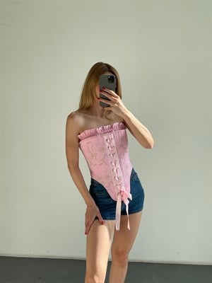 Kadın Pembe Straplez Bağcıklı Vintage Korse