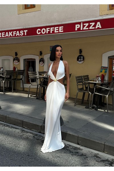 Kadın Takı Detaylı Yırtmaçlı Maxi Elbise