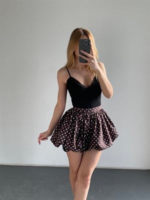 Kahve Puantiyeli İçi Şortlu Balon Etek