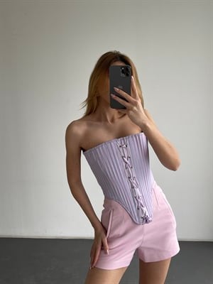 Lila Bağcıklı Straplez Çizgili Korse Büstiyer