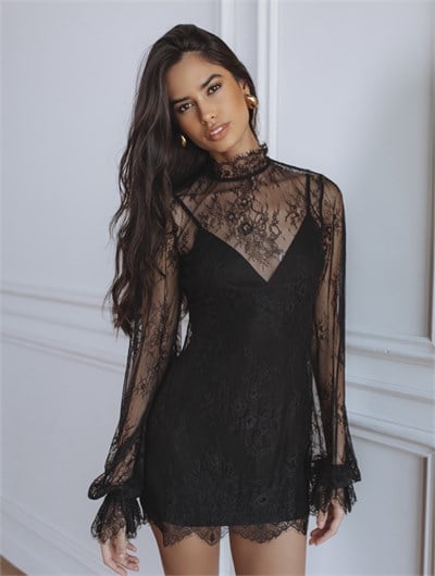 Victorian Lace Siyah Mini Elbise