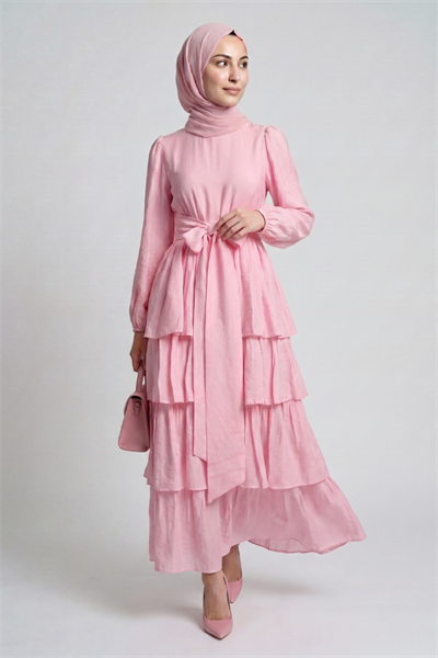 Amara Kuşaklı Katmanlı Vual Elbise - Pembe