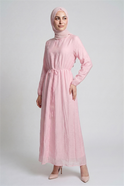 Bağcıklı Vual Astarlı Vual Elbise - Pembe