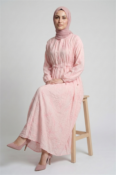 Çicek Desenli Yandan Sıkma Bağcıklı Vual Astarlı Elbise - Pembe