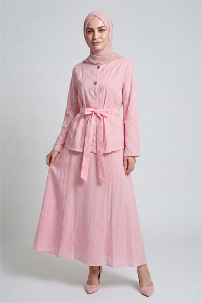 Çiçek Nakışlı İki Düğmeli Keten Etekli Takım - Pembe