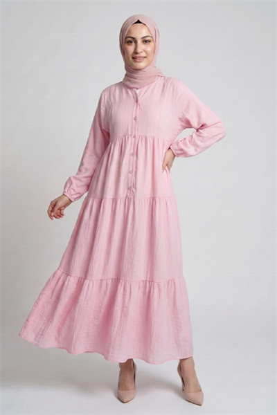 KATLI BÜZGÜLÜ İTHAL ÇİLEK KUMAŞ BOL RAHAT ELBİSE - Pembe