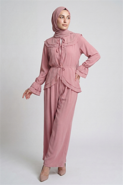 Önden Bağcıklı,Volanlı, İçi Astarlı, Krinkıl Şifon Kumaş Takım - Pembe
