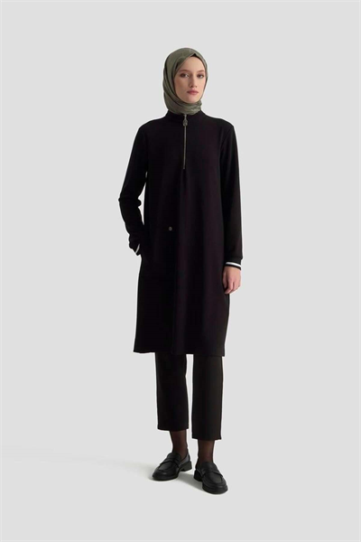 Armine Trend Kolları Ribanalı Yarım Fermuarlı Tunik Siyah