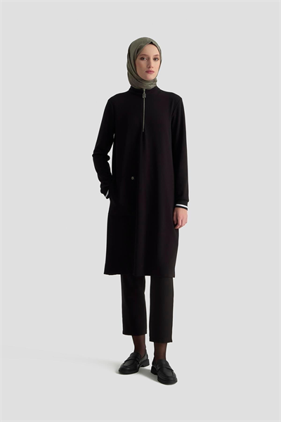 Armine Trend Kolları Ribanalı Yarım Fermuarlı Tunik Siyah