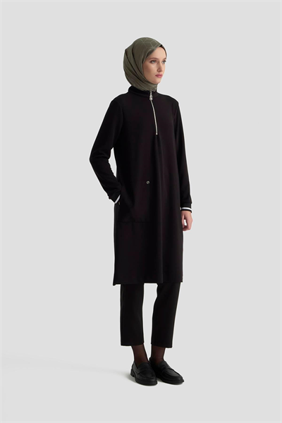 Armine Trend Kolları Ribanalı Yarım Fermuarlı Tunik Siyah