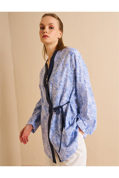 Kayra %100 Pamuklu Kruvaze Bağlamalı Kimono Havacı Mavi