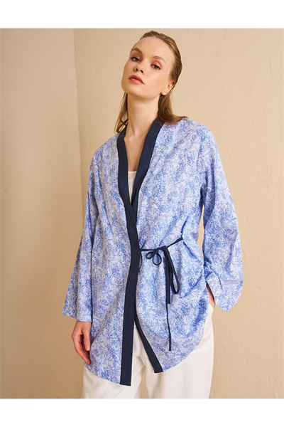 Kayra %100 Pamuklu Kruvaze Bağlamalı Kimono Havacı Mavi