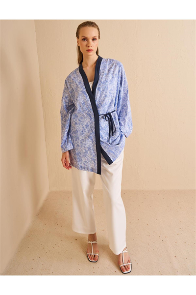 Kayra %100 Pamuklu Kruvaze Bağlamalı Kimono Havacı Mavi