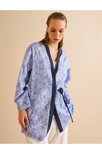 Kayra %100 Pamuklu Kruvaze Bağlamalı Kimono Havacı Mavi