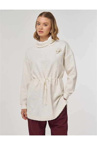 Kayra Bel Büzgülü Dokulu Sweatshirt Krem