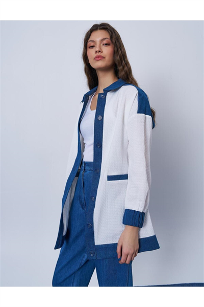 Kayra Denim Garnili Gofreli Ceket Ekru